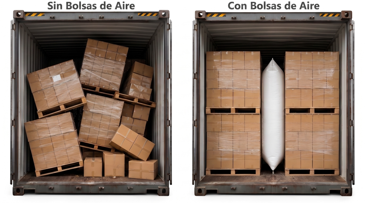 Contenedor sin bolsas de aire, con la carga desplazada, y con bolsas de aire, con la carga estabilizada